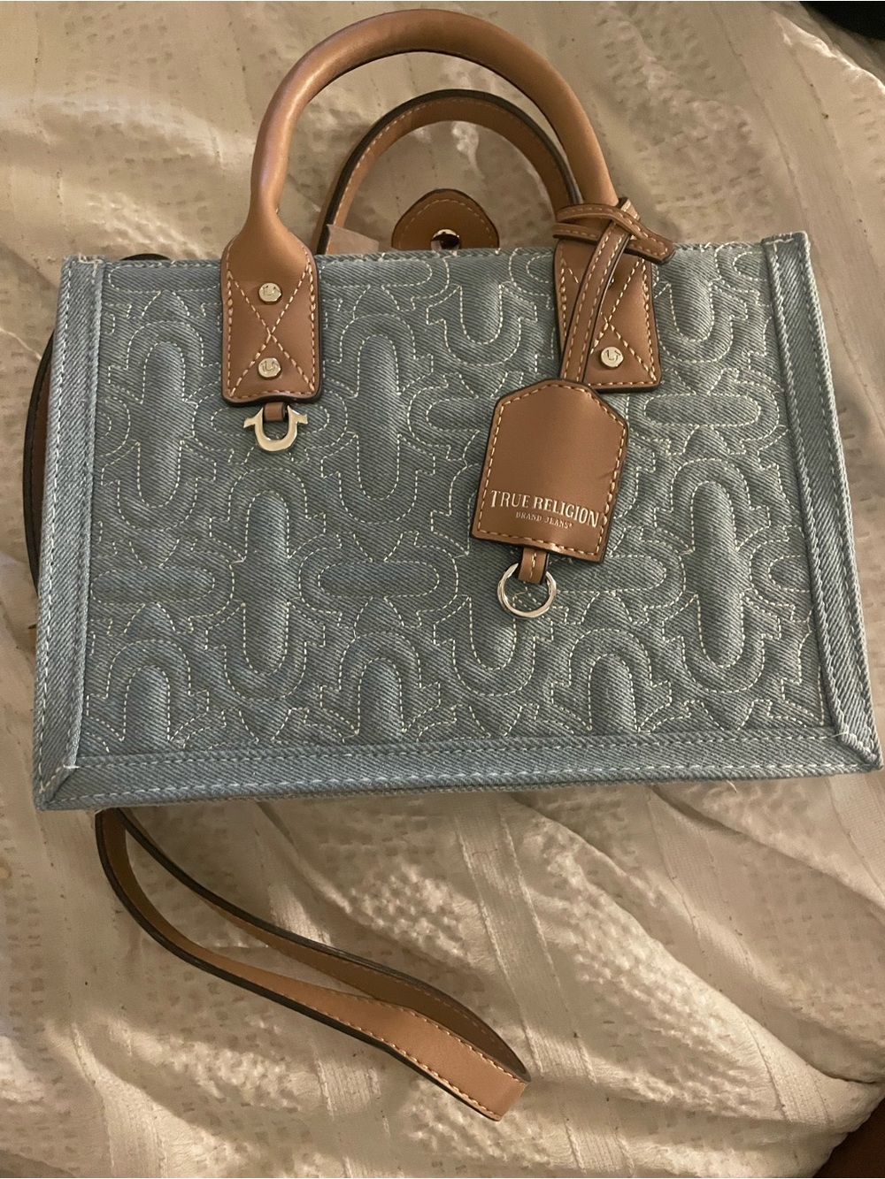 True Religion Light Blue Denim Tote with Tan Leather Accents